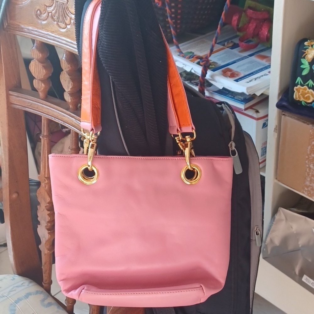 Gani Leather bag, pink & orange, 10x8x3, magnetic closure